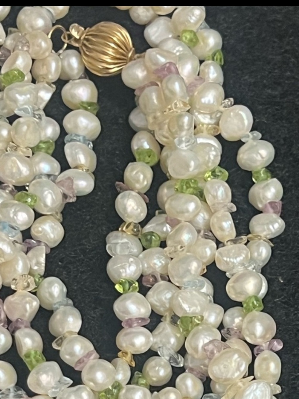 14k Triple strand Pearl and gem necklace 14k ball clasp